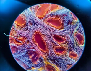 Wall Mural - fibroblast cell structure under microscope shows vibrant colors highlighting cell details in tissue for scientific study
