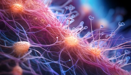 Wall Mural - fibroblast cell fibers glowing with soft light create delicate and ethereal effect in this abstract microscopic view