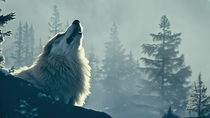 Wall Mural - Majestic white wolf tilts back howls visible breath lingering cold air against moody K forest captivating wildlife footage documentaries fantasy trailers