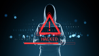 Hacker in hoodie with red warning exclamation mark and 