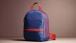 © Георгий Александрови - Stylish blue backpack with red straps displayed against a simple background indoors