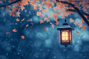Wall Mural - abstract winter night scene with lantern and falling leaves