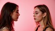 © BEN - Two Young Women Engaged in a Deep Gaze Against a Soft Pink Background Highlighting Connection