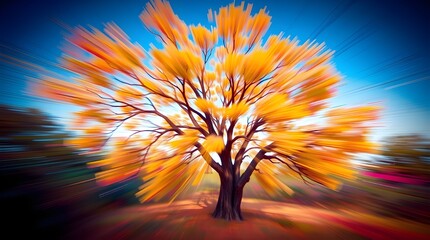 Wall Mural - A vibrant tree with bright yellow leaves stands in the center, surrounded by a surreal, blurred background that creates a sense of motion. 