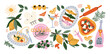 © Limpreom - Italian food and culture stickers set in retro cartoon style. Food and drink: pizza, pasta, wine, tomato. Illustration in funky, doodle style, trendy labels set.