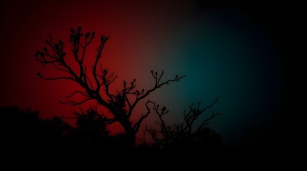Wall Mural - A silhouetted tree stands starkly against a dramatic backdrop, with deep red and blue hues blending in the sky. The branches twist and turn, creating an eerie, captivating scene.