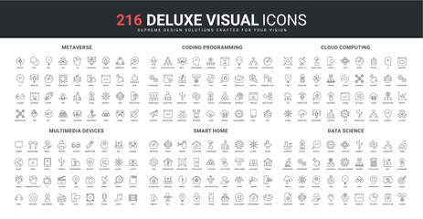 Coding, AI for science research and metaverse, cloud computing line icons set. Automation of temperature and monitor services, multimedia device for smart home thin black symbols vector illustration