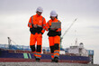 © ultramansk - Two marine engineers wearing safety gear working on a dockside project using a laptop, with a large cargo ship and industrial crane in the background under cloudy sky.