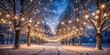 © Pitipat - A serene winter wonderland scene with sparkling string lights illuminating the snow-covered trees in a quiet park at night under starry skies , holiday, twinkling