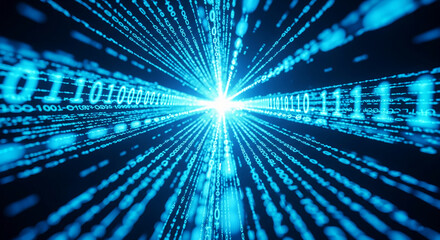 Abstract image of blue binary code streams converging, creating a bright center, symbolizing data flow, technology, and digital speed