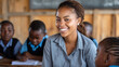 © ALA - Smiling teacher teaching students in rural African school. Black African children from disadvantaged families study in school, read books, receive primary education, volunteer service