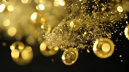 Sticker - A gentle cascade microscopic golden dust motes drifts through inky studio void their motion slowed dramatically so every shimmering particle remains razor sharp focus creating mesmerizing four k
