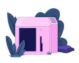 Wall Mural - overgrown pink vintage computer in nature 2d cartoon object. forgotten technology decay grass. y2k t