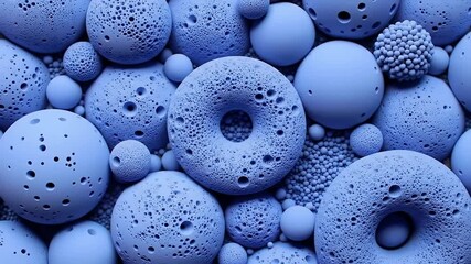 Monochromatic Light Blue Matte Background Filled with Spheres Donuts and Granules Creates a Textured and Graphic