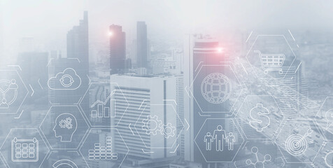 Wall Mural - Abstract industrial Business process organisation structure. against the backdrop of a modern city