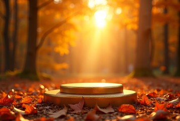 Wall Mural - Golden Podium on Autumn Leaves with Warm Sunset Light