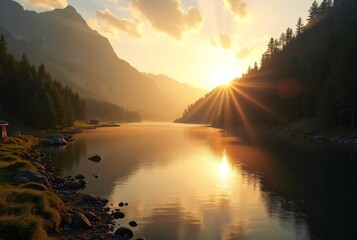 Wall Mural - Golden Sunlight Filtering Through Mountain Pass Onto Serene Valley Lake