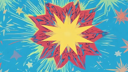 Wall Mural - Jubilant starbursts explode retro ink canvas radiating mod palettes saffron teal raspberry updated headline sells groovy K homage to late sixties pop art perfect vintage video inspired title cards