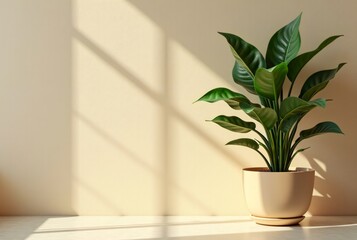 Wall Mural - Green Plant in Beige Pot Against Textured Wall with Sunlight