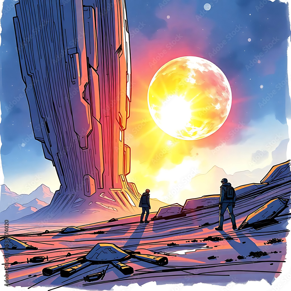 Illustrative landscape with towering alien structure brilliant ...
