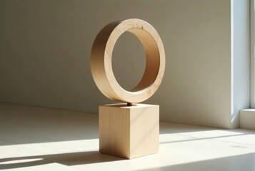 Wall Mural - Minimalist Wooden Sculpture_ Light and Shadow on a Floating Circle and Cube