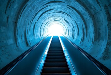 Wall Mural - Modern Escalator Rising Through Digital Aurora in Concrete Tunnel