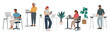 © Creative_Juice_Art - Vector set of diverse people in smart casual outfits working with laptop, computer, or tablet, standing or sitting at desks. Ideal for business, teamwork, and coworking illustrations