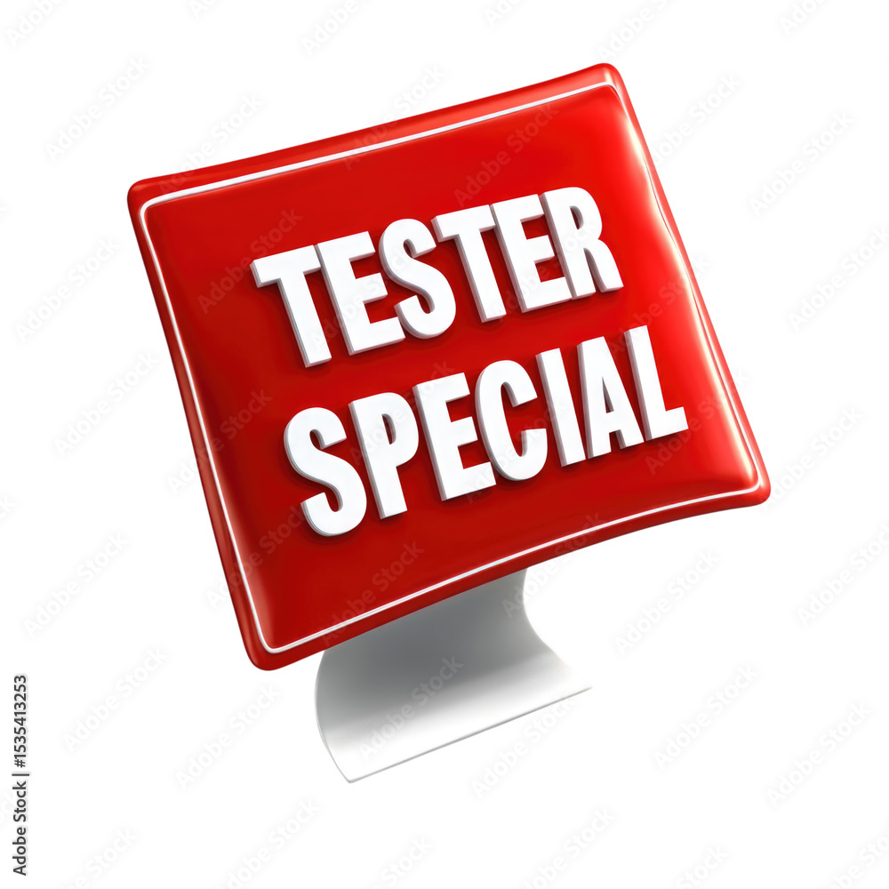 Red square sign with bold lettering stating tester special on a white ...