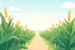 © Svetlana - Sunny cornfield pathway with green leaves and yellow corn against blue sky