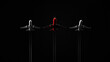 © W - Three airplanes are flying in formation, with one red and two white. The image has a dark, moody atmosphere