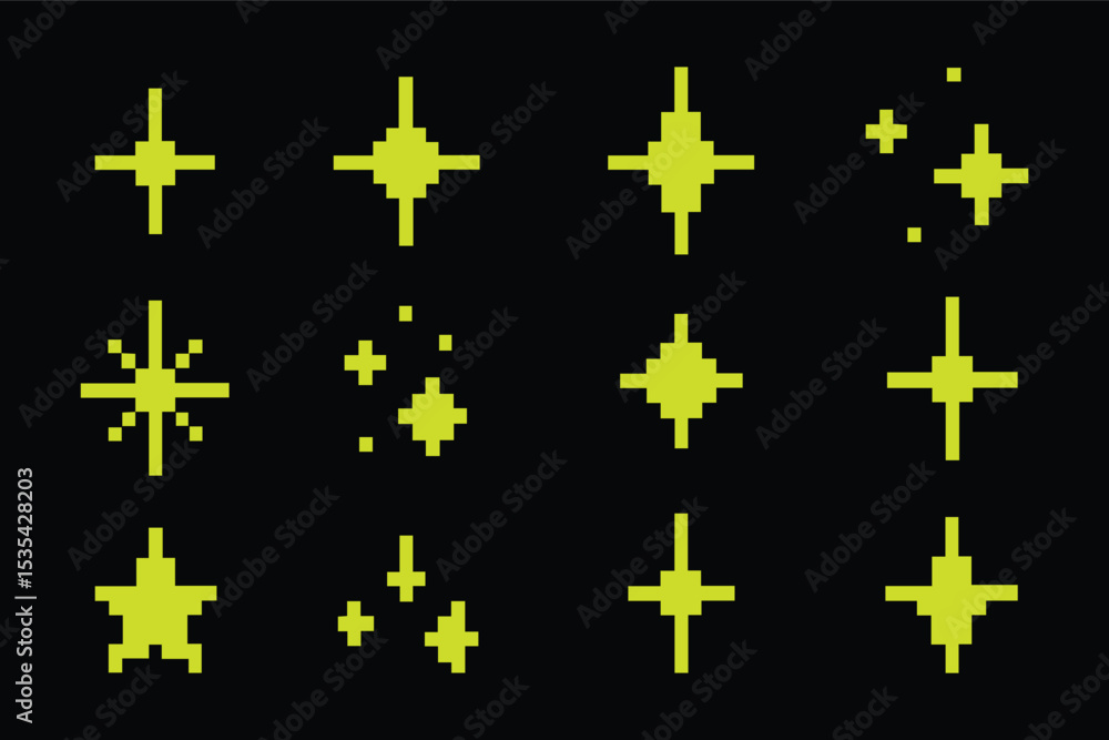 Pixel stars set green geometric shapes in space. Retro 8 bit gaming ...