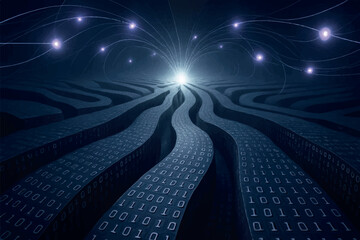 Futuristic neural pathways made of flowing binary code and energetic nodes, representing the intersection of technology and data processing in a digital realm