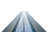Modern glass skyscraper photographed from below showing geometric patterns and reflective windows against clear sky, isolated on a transparent background