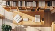 © hana - Top-down view of a minimalist workspace featuring wooden desk, shelves and office supplies
