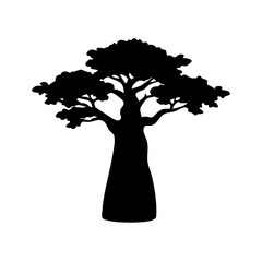 Silhouette of a baobab tree with a thick trunk and dense foliage against a white background illustration created with generated ai