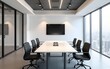 © ning - Modern conference room with minimalist design and empty table ready for meeting. High quality