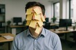 © George - Creative office prank with sticky notes covering a man's face during a busy workday