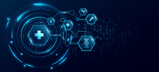 Futuristic healthcare concept with a holographic HUD interface featuring a glowing medical icons. Molecular structure with digital chart for scientific presentation. Vector illustration.