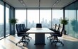 © fu - Modern conference room with glass walls, ergonomic chairs, large table and bright office interior. Corporate meeting room interior. High quality