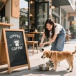 © Halyna Petrenko - High-resolution lifestyle photo of a young woman refilling a dog water bowl outside a trendy pet-friendly coffee shop in warm tones