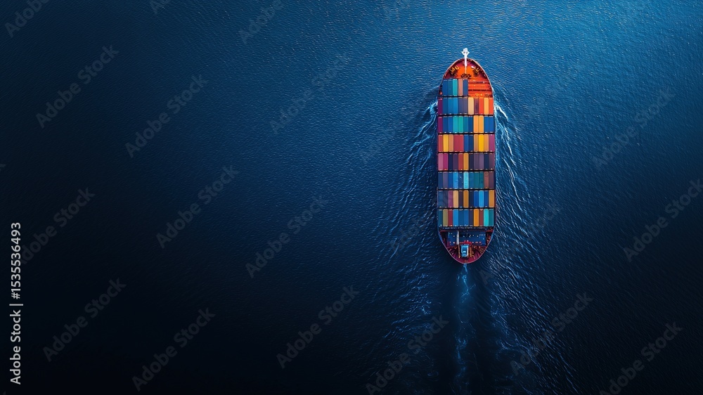 Aerial view of cargo ship with colorful containers on dark blue sea ...