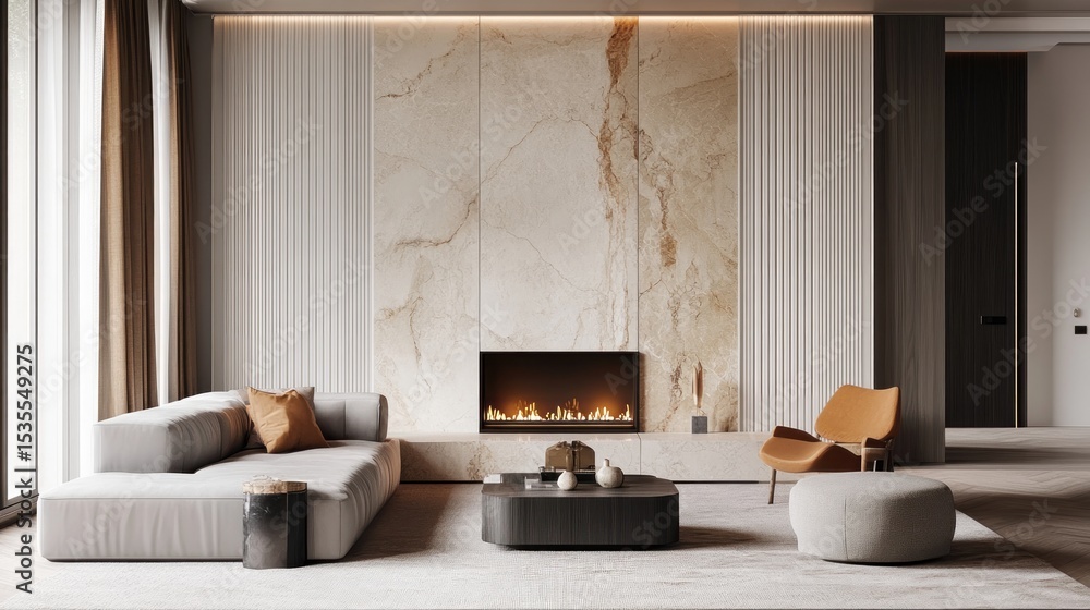 Elegant modern living room with fireplace, luxury furniture, and ...