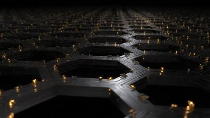 Abstract dark honeycomb structure with golden particles flowing through its cells, 3d rendering