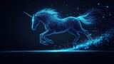 Glowing neon wireframe unicorn running through dark blue background  