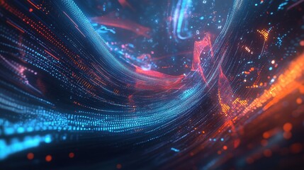 Abstract technology background with glowing neon light trails and binary code. Futuristic digital data stream visualization with blue and orange colors, perfect for modern tech concepts.
