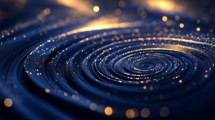 Wall Mural - 3d abstract background with blue and gold lines, circular wave shapes, bokeh effect, glowing dots, d