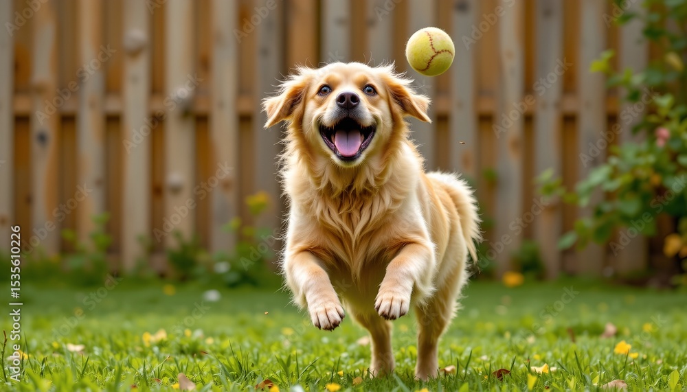 high quality, golden retriever dog joyfully jumping to catch a ball ...
