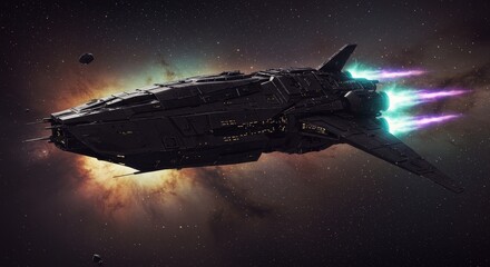 darkstar: galactic freighter in deep space - futuristic spacecraft, dark metallic, detailed design, 
