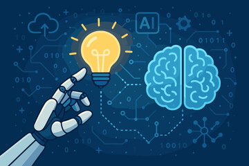 ai and innovation concept. robot hand touching lightbulb idea symbol. human brain and artificial int