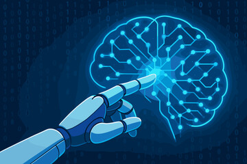 artificial intelligence concept. robot hand touching a glowing brain neural network. machine learnin